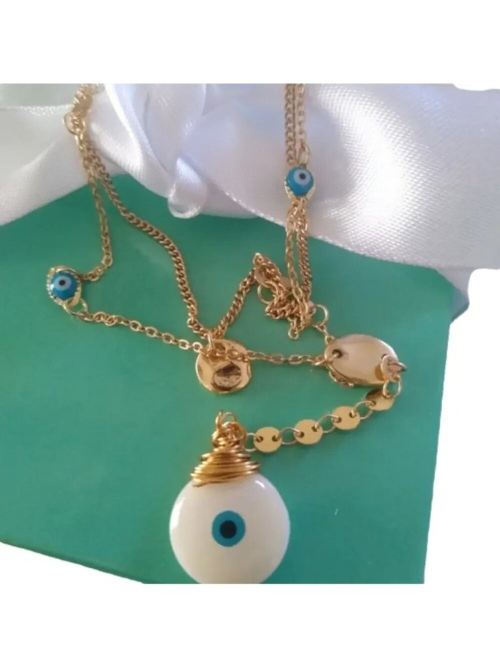 Nazar Evil Eye Gold + Blue Double with Circle Pendant Necklace